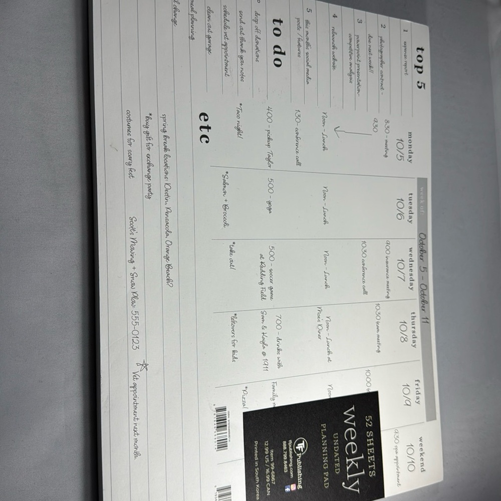 Weekly undated planning pad - Section for Top 5 and to do list 52 sheets. 9x12